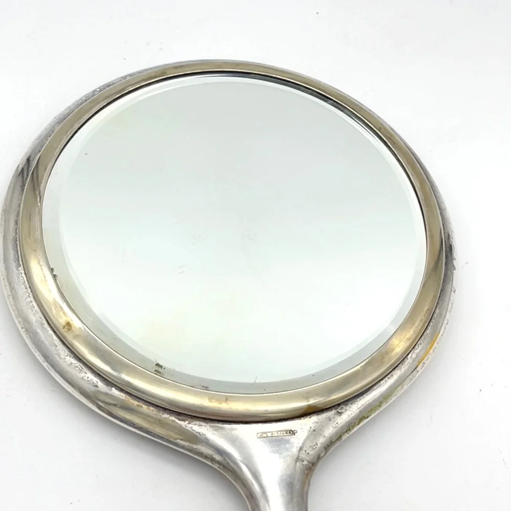 Vintage Alpaka Silver Tone‎ Hand Mirror Rose Embossed Sirkka 1955 Engraved